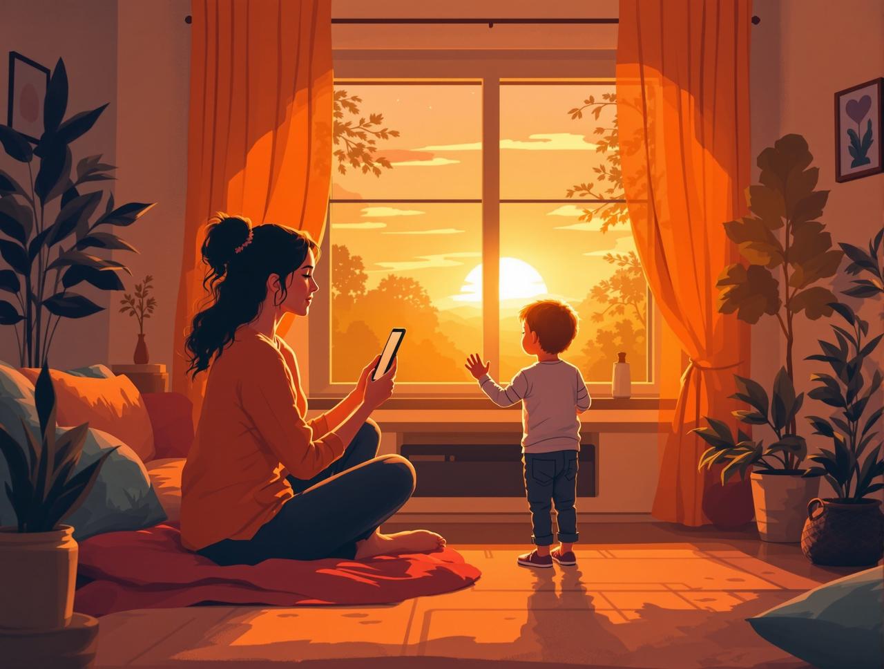 短剧影视品牌故事 - 创始人李晨曦与孩子一起观看动画片的温暖时刻